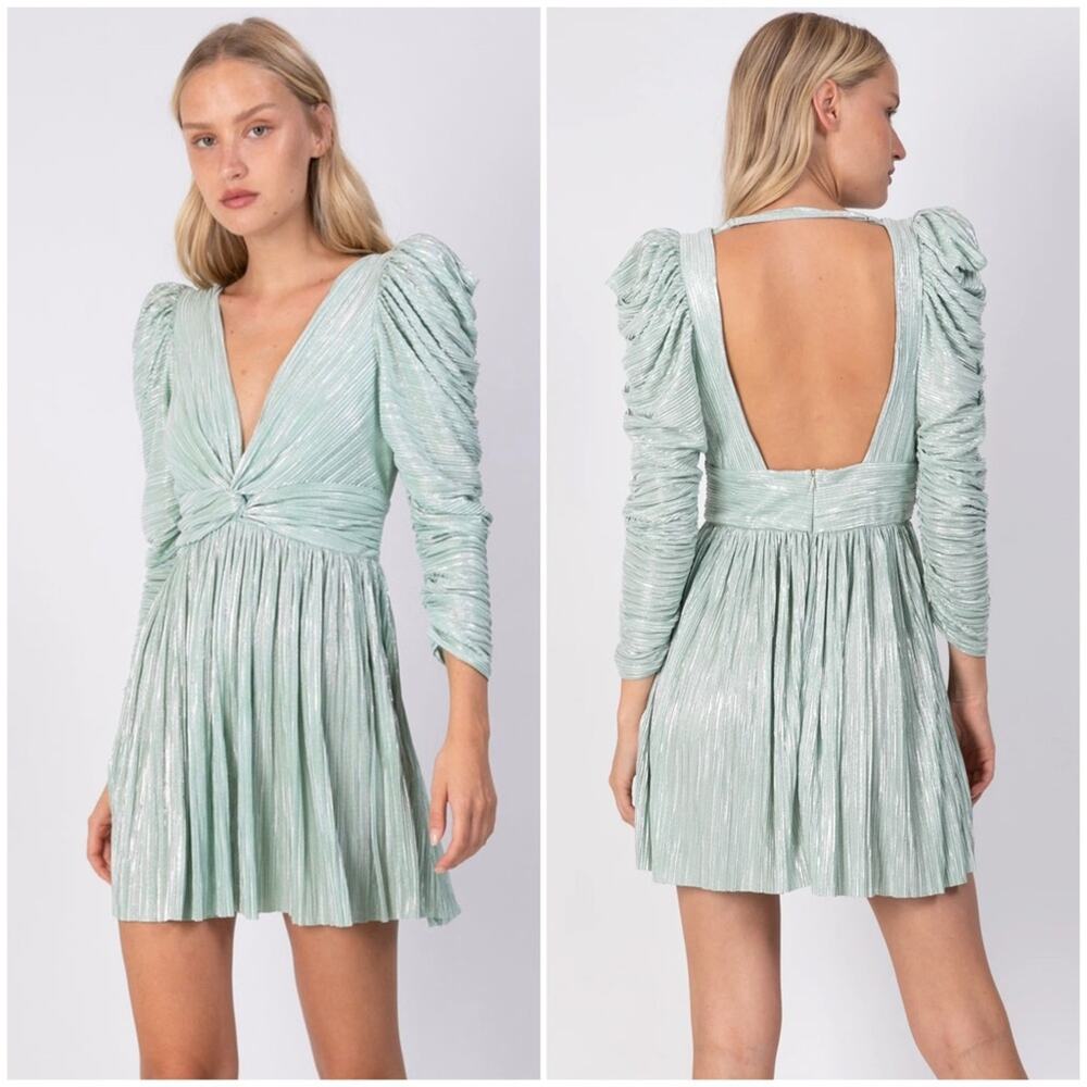 Sabina Musáyev Metallic Mint Green Morgana Long Sleeve Mini Dress Size L